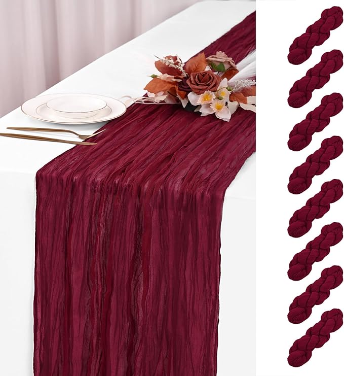 8 Pack Burgundy Cheesecloth Table Runner 120 Inch 10FT Spring Boho Rustic Sheer Gauze Cheese Cloth Table Runner for Wedding Baby Shower Birthday Party Table Decor
