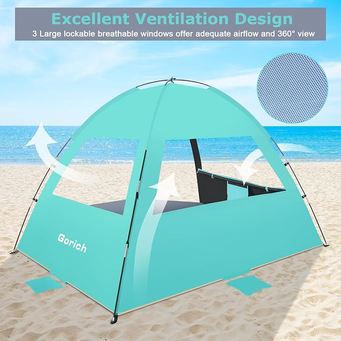 Gorich Beach Tent Sun Shelter for 3/4/6/8/10 Person with UPF 50＋ UV Protection, Lightweight & Easy Setup Beach Shade Canopy, Portable Beach Shade Tent Beach Cabana