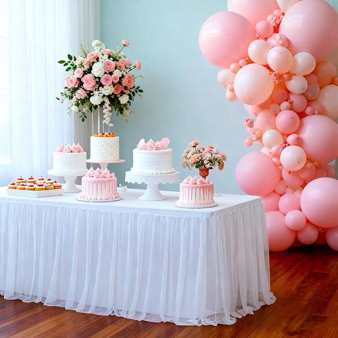 2-Pack White 2-in-1 Tulle Tablecloth for 5-Foot Rectangular Table – Stretch Fitted Table Skirt & Cover for Baby Shower, Bridal, Birthday, Princess Party