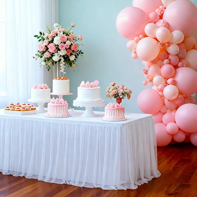 2-Pack White 2-in-1 Tulle Tablecloth for 4-Foot Rectangular Table – Stretch Fitted Table Skirt & Cover for Baby Shower, Bridal, Birthday, Princess Party