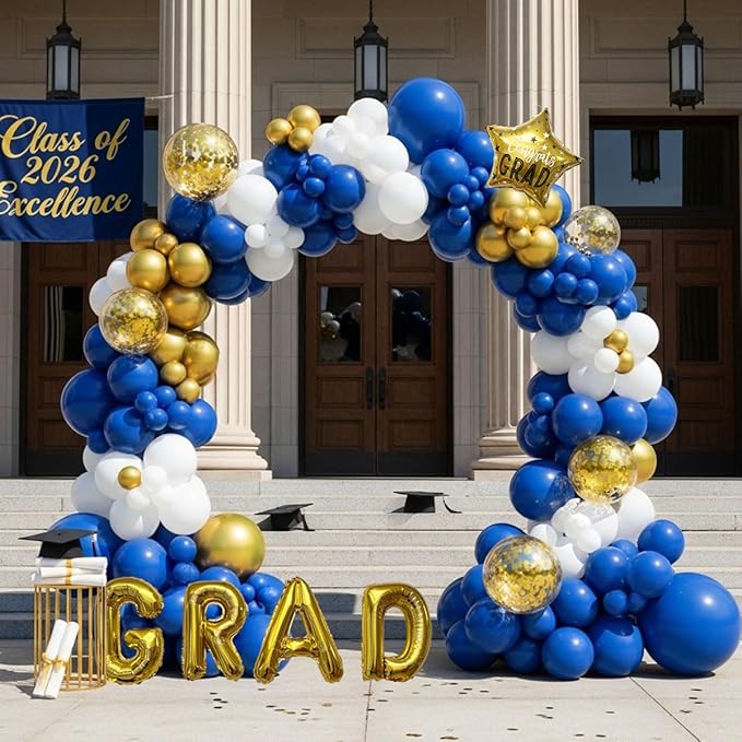 Graduation Balloon Arch Kit - 128Pcs Blue White and Gold Balloon Garland with 16" GRAD Letters, Star Foil and Confetti Balloons for Class of 2026 Grad Prom College Party Decorations
