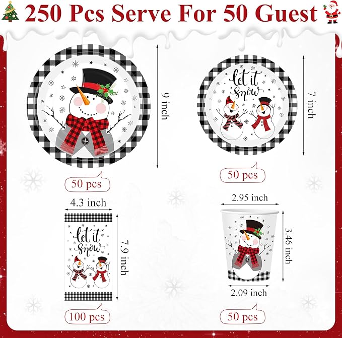 Funnymoom 250 Pcs Winter Snowman Paper Plates and Napkins Party Supplies Black White Buffalo Plaid Winter Disposable Tableware Set for Christmas Holiday Party Decoration