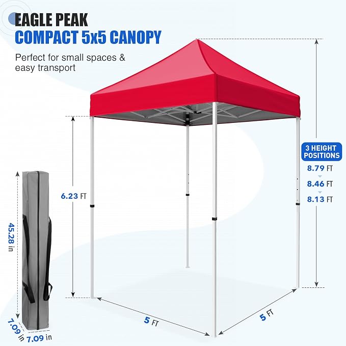 EAGLE PEAK 5x5 Pop Up Canopy Tent Instant Outdoor Canopy Easy Set-up Straight Leg Folding Shelter, Red