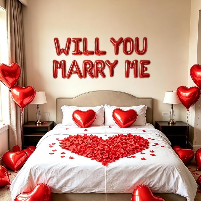 2 Set Red WILL YOU MARRY ME Balloons - 28pcs 16" Letter Balloons 10pcs 18" Heart Balloons with 1200pcs Red Artificial Rose Petals Alphabet Foil Mylar Balloons for Valentines Day Decorations