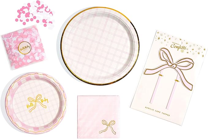 Baby Shower Celebration, Stylish Tableware Set for 8 Guests – Pink/White