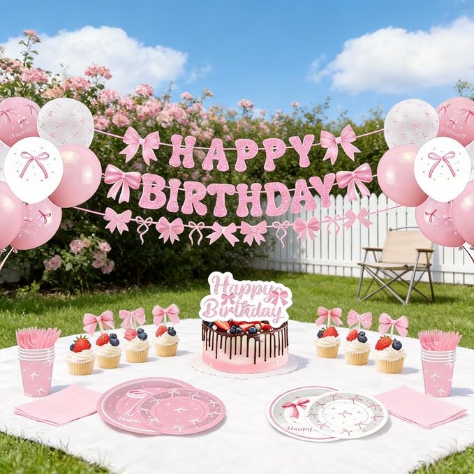 Pink Bow Birthday Party Supplies Serve 24, 232pcs Coquette Birthday Decorations Include Plates Napkins Cups Banner Tablecloth Cake Topper Balloons Tableware for Girls Bachelorette Party Decor