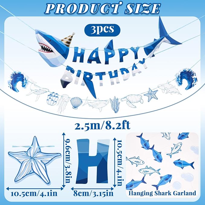 SUNBEAUTY Shark Birthday Party Decorations Shark Birthday Banner Ocean Theme Party Decoration Under The Sea Shark Garland Blue Ocean Swirls Hanging Wall Decor for Boys Baby Shower Beach Summer Party