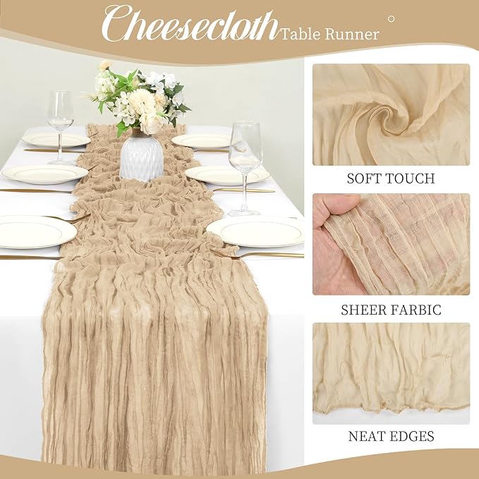 12 Pack 10Ft Beige Cheesecloth Table Runner 35 x 120 inch Boho Gauze Cheese Cloth Table Runner Vintage Rustic Sheer Runners for Wedding Bridal Shower Birthday Party Cake Table Decorations