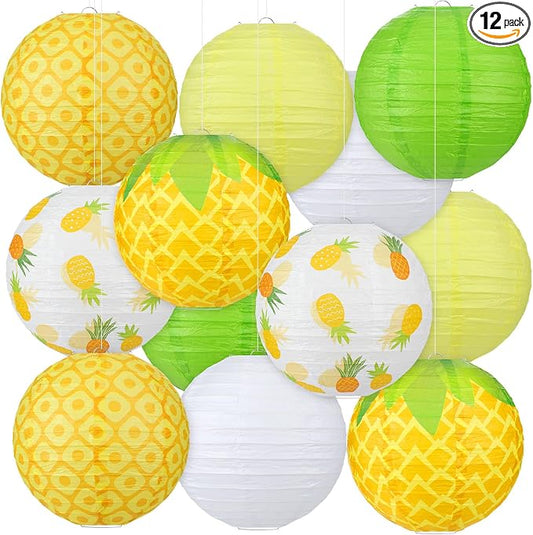 Panelee 12 Pcs Pineapple Party Decorations Hawaiian Party Hanging Supplies 8 Inches Round Paper Lanterns for Tropical Luau Birthday Holiday Bachelorette Decor Supplies