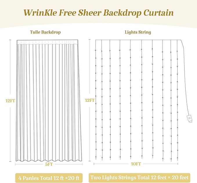 20×12ft Champagne Tulle Backdrop Curtain with Lights String for Parites Sheer Fabric Backdrop Curtains for Wedding Baby Shower Birthday Party Backdrop Drapes Photo Shoot Background 4 Panels 5ft×12ft