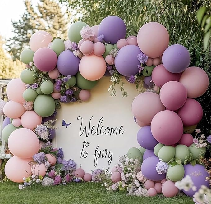 Dusty Green Purple Pink Balloon Garland Double Stuffed Pastel Light Green Pink Lavender Lilac Balloon Arch Kit Mist Mauve Blush Balloons for Spring Wildflower Birthday Wedding Baby Shower Party Decor