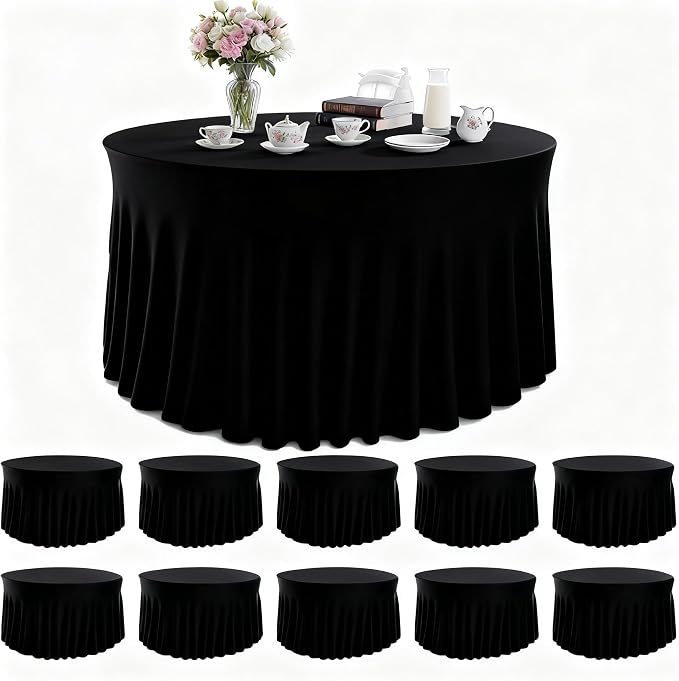 10 Pack Black Round Spandex Tablecloths for 60in Tables, 120 Inch Stretch Fitted Table Skirts, Wrinkle-Free Washable Polyester Covers for Wedding, Banquet & Party