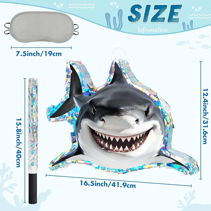WERNNSAI Shark Piñata - Under the Sea Party Decorations Great White Shark Piñata with Blindfold and Stick for Men Boys Ocean Birthday Decorations Celebration Carnival Supplies