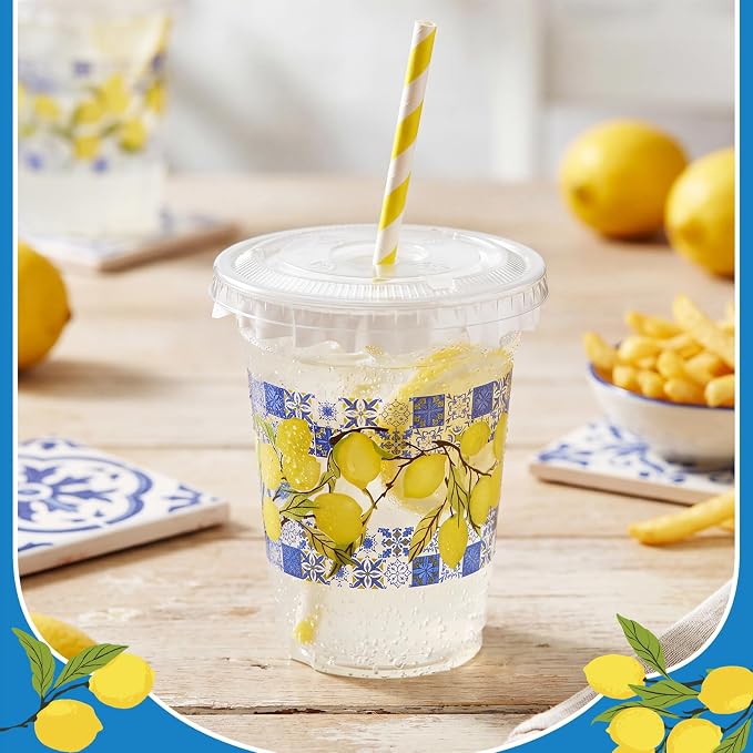 FoldTier 50 Pcs 12 oz Lemon Disposable Plastic Cups with Blue Tile Design, Lids, Straws and Leakproof Paper, Mediterranean Summer Party Supplies for Birthday Baby Shower Bridal Picnic Decorations