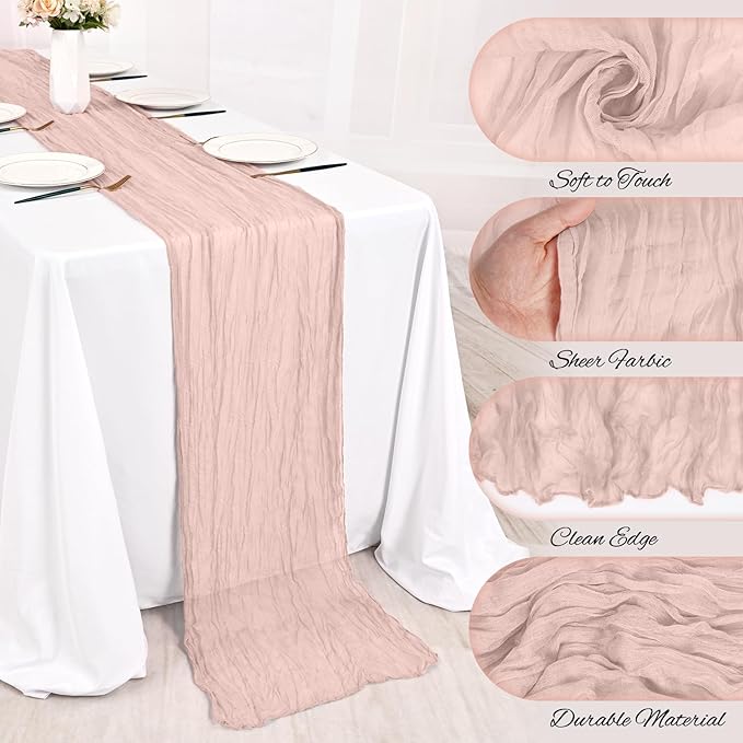 8 Pack Dusty Pink Cheesecloth Table Runner 10FT Boho Gauze Cheese Cloth Table Runner Rustic Sheer Fabric Table Runners for Wedding Bridal Shower Baby Shower Party(21.5×120 Inch)