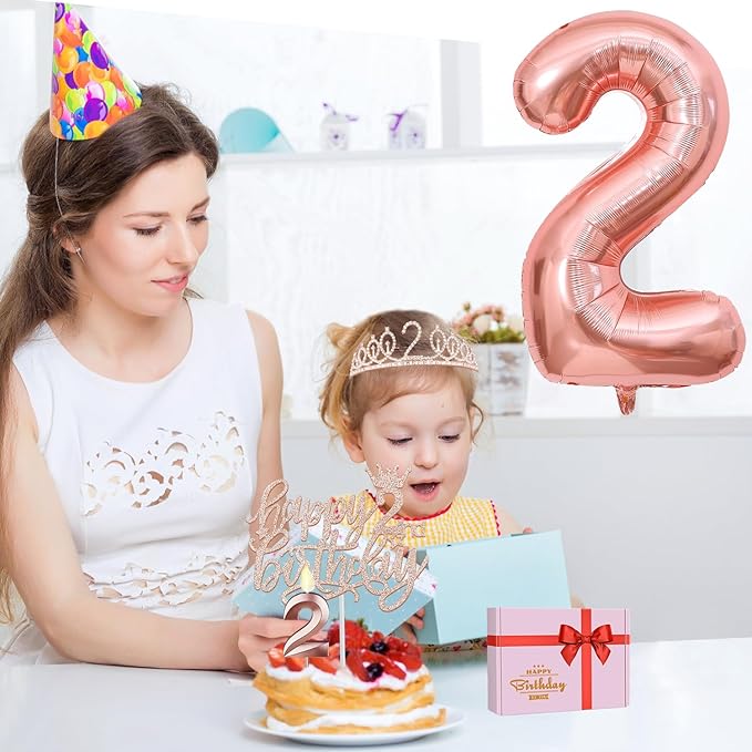 2nd Birthday Decorations for Baby Girls, Including 2nd Birthday Sash and Tiara, Cake Topper and Candle, Number Balloon, 2 Year Old Gifts for Girls