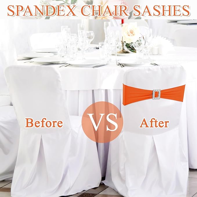 VitalCozy 100 Pcs Spandex Chair Sashes with Square Buckle Slider Stretch Chair Cover Band Universal Elastic Ties Straps Bows for Wedding Banquet Event Party Decoration(Orange)