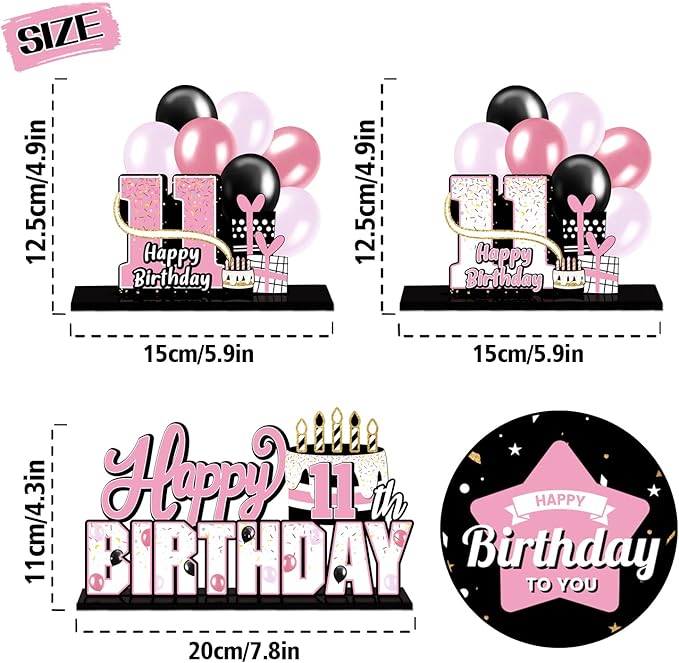 LINGTEER Happy 11th Birthday Pink Acrylic Table Topper Centerpieces Set - Cheers to 11 Years Old Birthday Eleven Bday Party Gift Decorations.