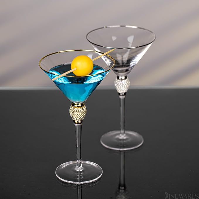 2 Piece Premium Clear Stem Crystal Martini Glasses with Gold Rim and Diamond-like Rhinestones, Elegant 10oz Glassware Set for Cosmopolitan, Vodka, Gin and Other Cocktails, Fancy Manhattan Drinkware