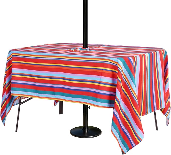 Poise3EHome 60X84 Outdoor Spillproof Rectangle Tablecloth with Umbrella Hole and Zipper for Camping, Picnic, Party, Patio Table, Spring, Color Stripe
