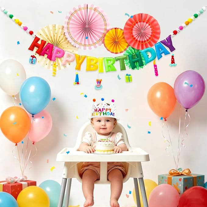 Happy Birthday Banner, Handmade Wool Felt Birthday Banner with Cute Charms, Reusable Rainbow Birthday Decorations for Kids, Colorful Birthday Garland for 1st Birthday, Baby Shower,Party Photo Backdrop