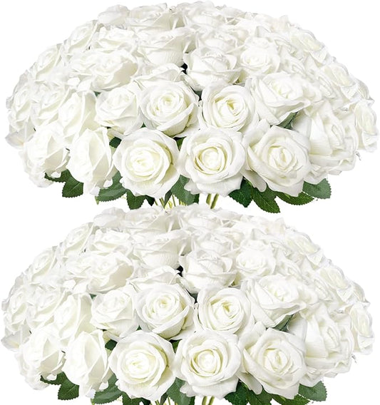 50Pcs White Roses Artificial Flowers with Stems，Fake Roses Bouquet Fake Flowers Bulk，Silk Velvet Roses for Wedding Centerpieces Arrangement Baby Shower Birthday Home Decor Gifts