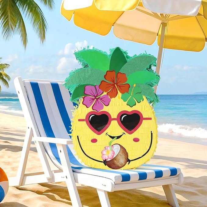 Pineapple Pinatas Bundle with a Blindfold and Bat (15.4x13x4 Inches), Perfect for Summer Beach Theme Birthday Party Supplies, Hawaiian Tropical Fruit Party Decoration Games