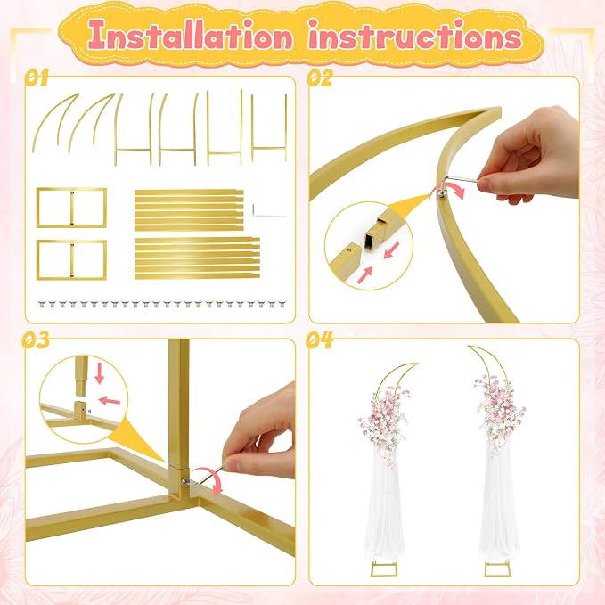 Metal Arch Backdrop Stand, Gold Curved Top Wedding Arch Set of 2 (6.85 FT/6.5 FT) Half Moon Wedding Arches Frames for Ceremony, Baby Shower,Birthday Party, Anniversary Graduation Decorations