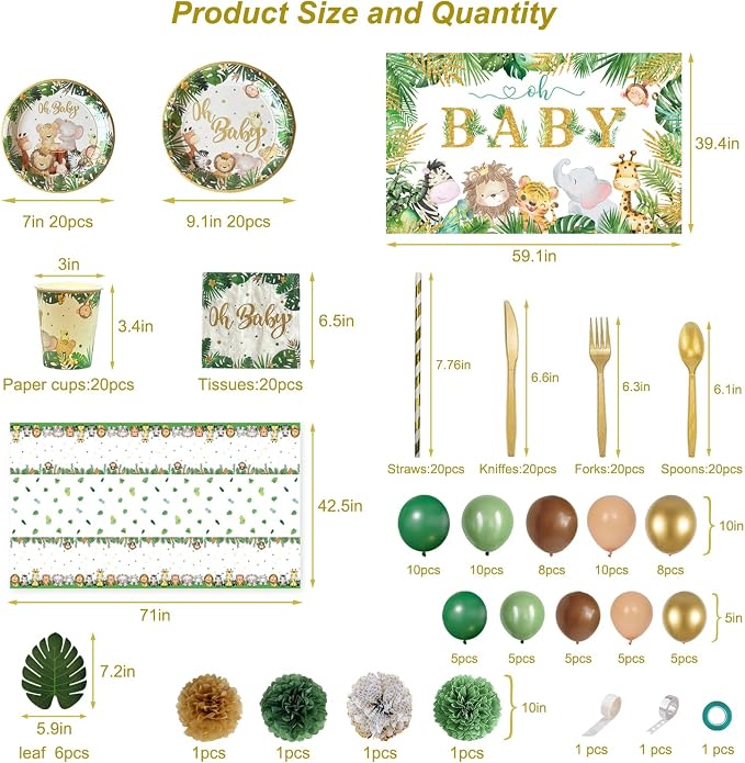 Safari Jungle Baby Shower Decorations for Boy Girl ,258 PCS Jungle Safari Animal Party Decorations Supplies (20 Guest) with Paper Plates Cups Napkins Tablecloth Backdrop Balloons Arch Kit
