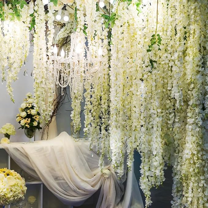 Artificial Wisteria Hanging Flowers Fake Wisteria Flower Garland Silk Vines Rattan Decor for Home Wedding Arch Wall Garden Greenery Bedroom Outdoor Office Party Decoration (24, White)
