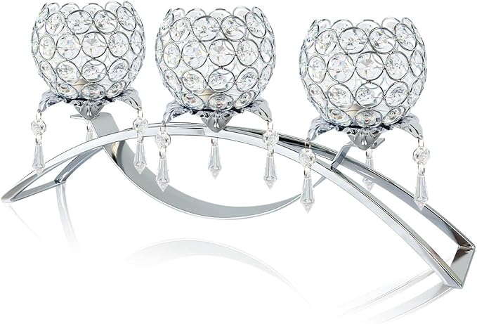 Crystal Tea Light Candlestick Holders Flower Shape with Crystal Pendant Bowl Votive Metal Candle Holder for Table Centerpieces Wedding Home Decor (Silver, 3 arm)