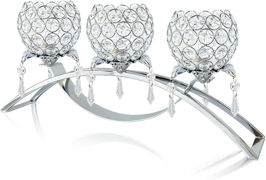 Crystal Tea Light Candlestick Holders Flower Shape with Crystal Pendant Bowl Votive Metal Candle Holder for Table Centerpieces Wedding Home Decor (Silver, 3 arm)