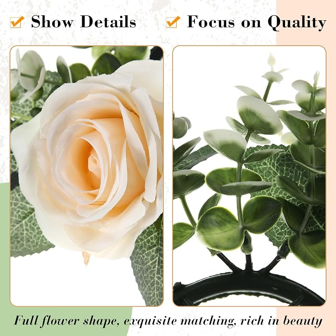Yunlly 20 Pcs Rose Candle Rings with Flameless Candles Sets, Artificial Flower Eucalyptus Wedding Centerpiece 3 Inch Pillar Candleholders Wreaths for Wedding Party Mother's Day (Champagne)