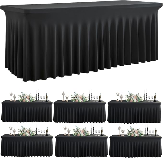 Outpain Black Spandex Tablecloth for 8 Foot Rectangle Tables, 6 Pack Black Wrinkle Free Fitted Table Cloths 8ft Stretchy Banquet Table Clothes Cover Desk Skirt for Birthday Wedding Parties Baby Shower