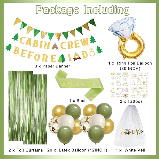 Roetyce Camp Bachelorette Party Decorations, Green Bride To Be Sash Veil Fringe Curtain, Cabin Crew Before I Do Banner Balloons Temporary Tattoos Kit, Camping Themed Bridal Shower Wedding Decorations
