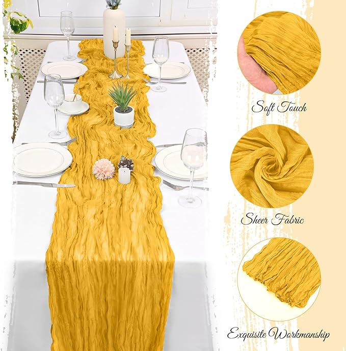 10 Pack Gold Cheesecloth Table Runner 17x108 Inch Semi Sheer Boho Gauze Cheese Cloth Table Runners, for Wedding Bridal Shower Birthday Party Home Decor Garden Farmhouse