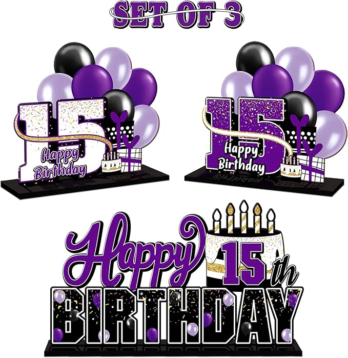 LINGTEER Happy 15th Birthday Purple Acrylic Table Topper Centerpieces Set - Cheers to Fifteen Years Old Birthday 15th Bday Party Gift Decorations.