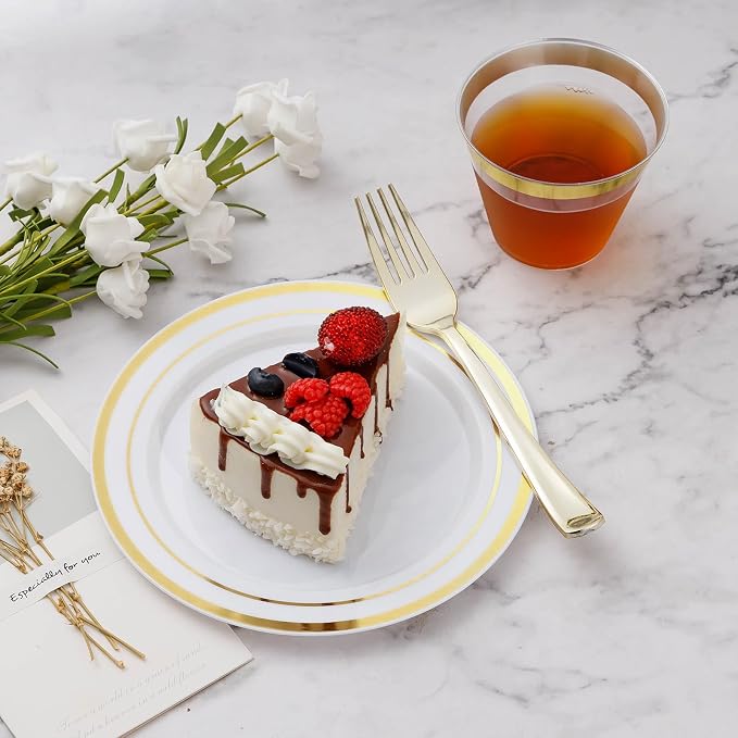 BESTVIP 900PCS Gold Dinnerware Set for 150 Guests, Plastic Plates for Party, 150 Gold Disposable Plates, 150 Dessert Plates, 150 Cups, 150 Spoons, 150 Forks and 150 Knives