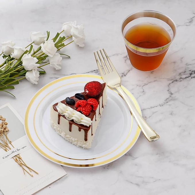BESTVIP 600PCS Gold Dinnerware Set for 100 Guests, Plastic Plates for Party, 100 Gold Disposable Plates, 100 Dessert Plates, 100 Cups, 100 Spoons, 100 Forks and 100 Knives