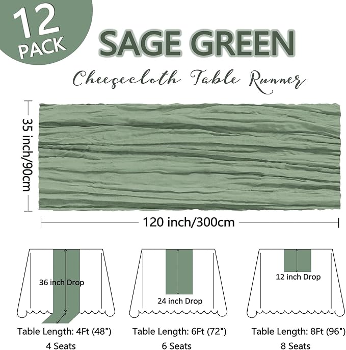 12 Pack Sage Green Cheesecloth Table Runner 10Ft Spring Gauze Cheese Cloth Table Runner 35x120 Inch Boho Sheer Rustic Fabric for Party Decor Baby Shower Wedding Decorations