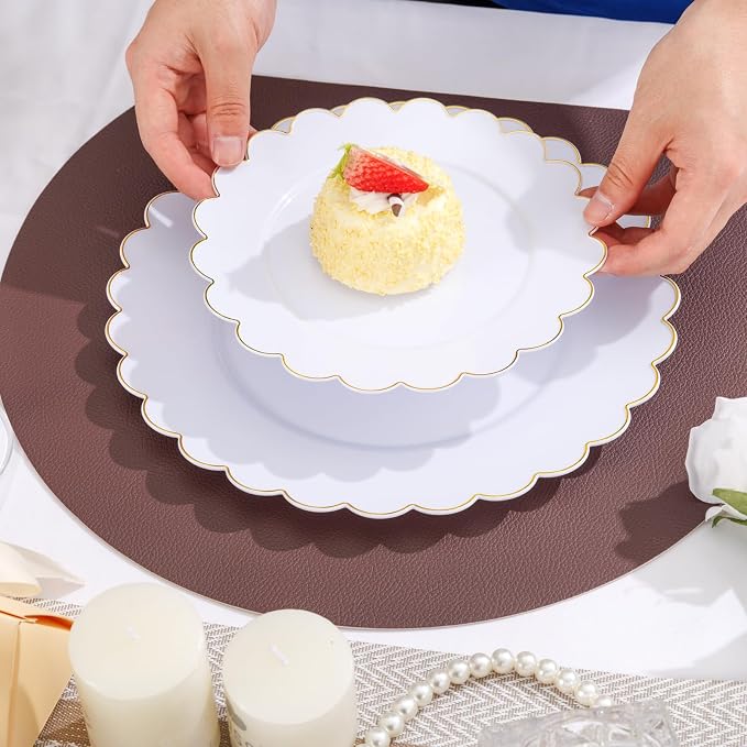 LIYH 60 Pcs White Plastic Plates with Gold Rim, Scalloped Disposable Combo Heavy-Duty Patriotic Plates Includes 30 Dessert Platos & 30 Dinner Platos for Birthday Wedding Party