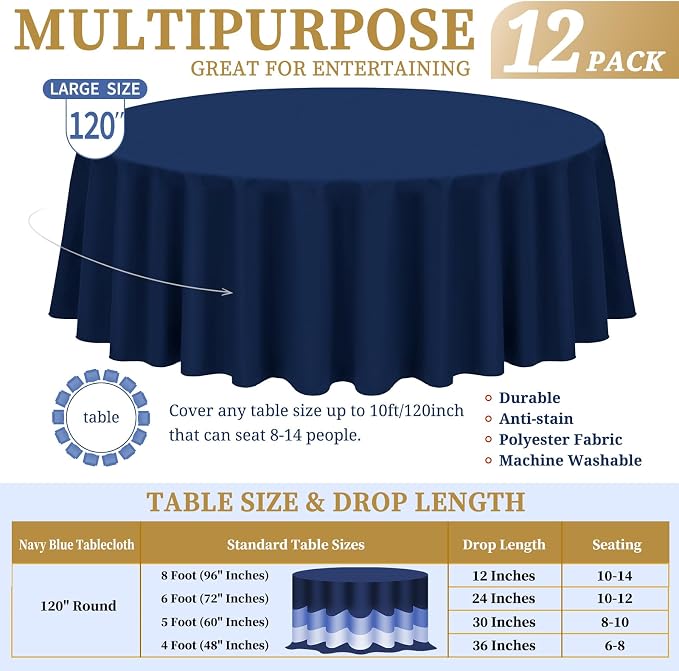 Showgeous 12 Pack Navy Blue Round Tablecloth - 120 Inch Polyester Table Cloth - Washable Decorative Fabric Table Covers for Wedding Party Banquet
