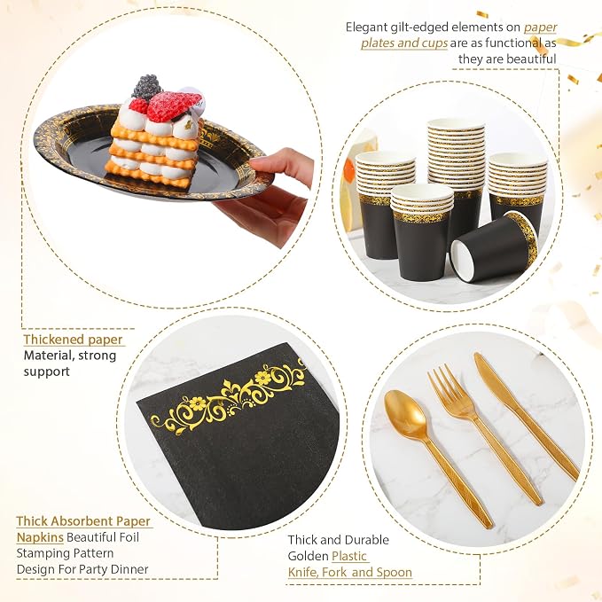 meekoo 350 Pcs Black Party Dinnerware Set Disposable Paper Plates for 50 Guests 9in and 7in Dinner Dessert Plates Napkins Gold Rim Plastic Cups Knives Forks Spoons for Party Wedding(Round Floral)