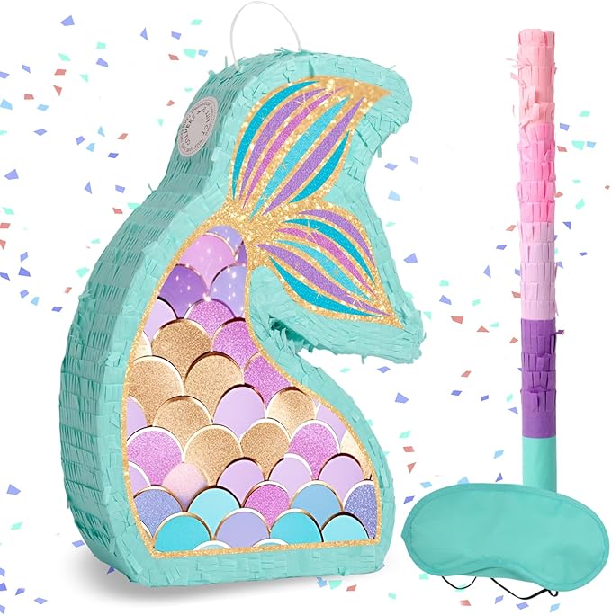 Mermaid Tail Pinata - Mermaid Pinata with Blindfold and Bat for Girls Kids Ocean Theme Birthday Party Game Decorations (Small Size 17”x12”x3”)