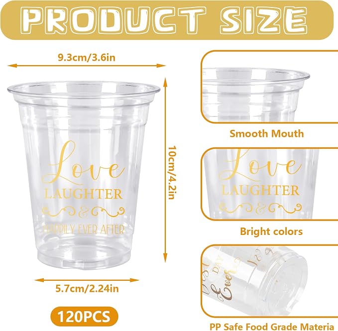 FYSUIMU 120Pcs Wedding Plastic Cups 12Oz Gold Mr and Mrs Disposable Clear Drinking Cups for Wedding Bride Shower Party Supplies, 4 Designs