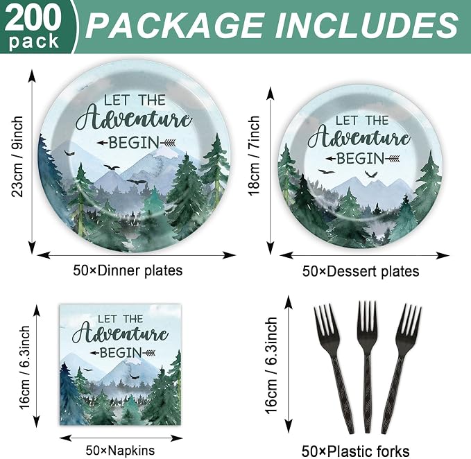 ZOIIWA 200 PCS Adventure Awaits Tableware Disposable Let The Adventure Begin Party Supplies Dinnerware Set Baby Shower Plates Napkins Birthday Party Decoration Serve 50 guest