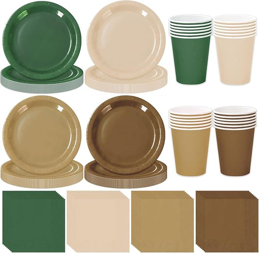 Whaline 244Pcs Woodland Tableware Set Serves 48 Sage Green Brown Disposable Dinnerware 48 9" Plates 48 7" Plate 48 9oz Cups 100 Napkins for Baby Shower Forest Party Supplies