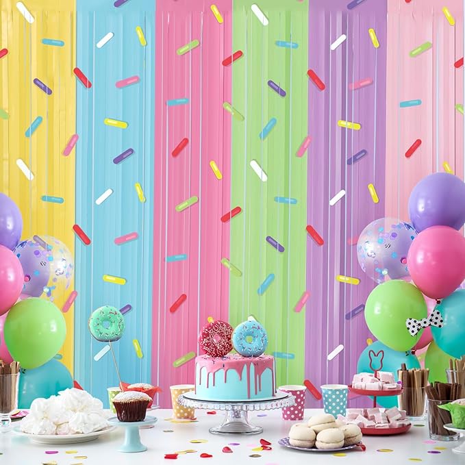 Blosssound 2 Packs Donut Party Decorations 3.3 x 6.6 ft Going Away Party Decorations Donut Sprinkle Foil Fringe Curtain Ice Cream Tinsel Streamers for Goodbye Birthday Baby Shower Sweet Shop Decor