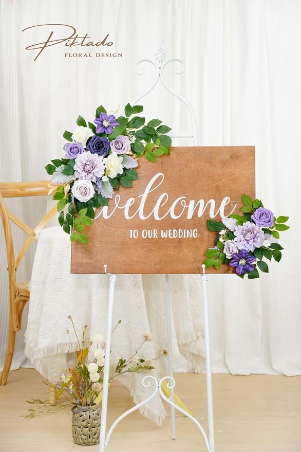 Wedding Decor Pack of 2 Welcome Sign Flower Backdrop Garland for Ceremony Reception Wall Easel Home Decoration Entryway Faux Outdoor Board Head Table Decor Lilac & Cream