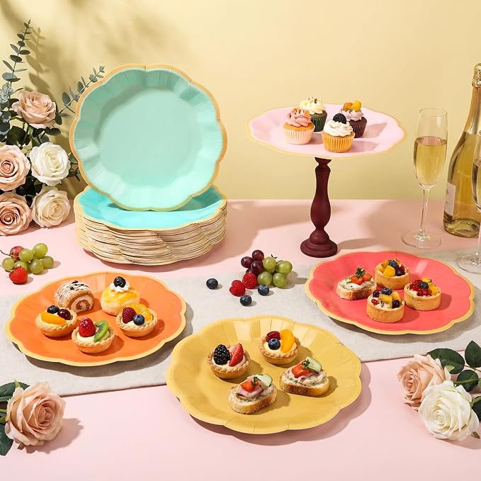 72 Pcs Colorful Coral Paper Plates 9 Inch Pastel Rainbow Gradient Scalloped Paper Disposable Dinner Dessert Plates for Birthday Wedding Bridal Party Supplies, 6 Colors